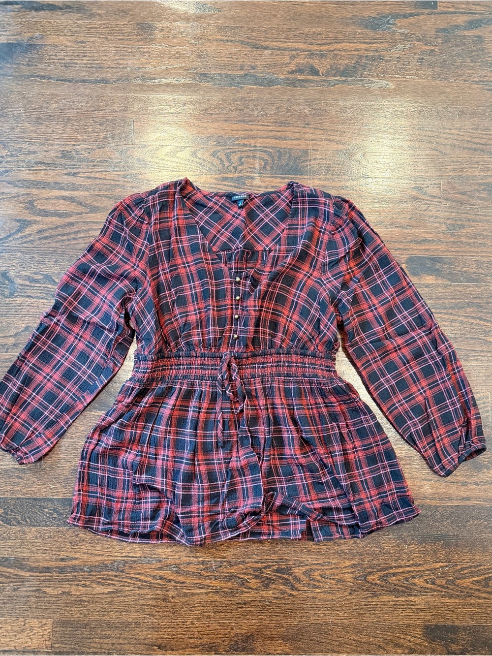 Womens Red and Black Plaid Peplum Top. Torrid.